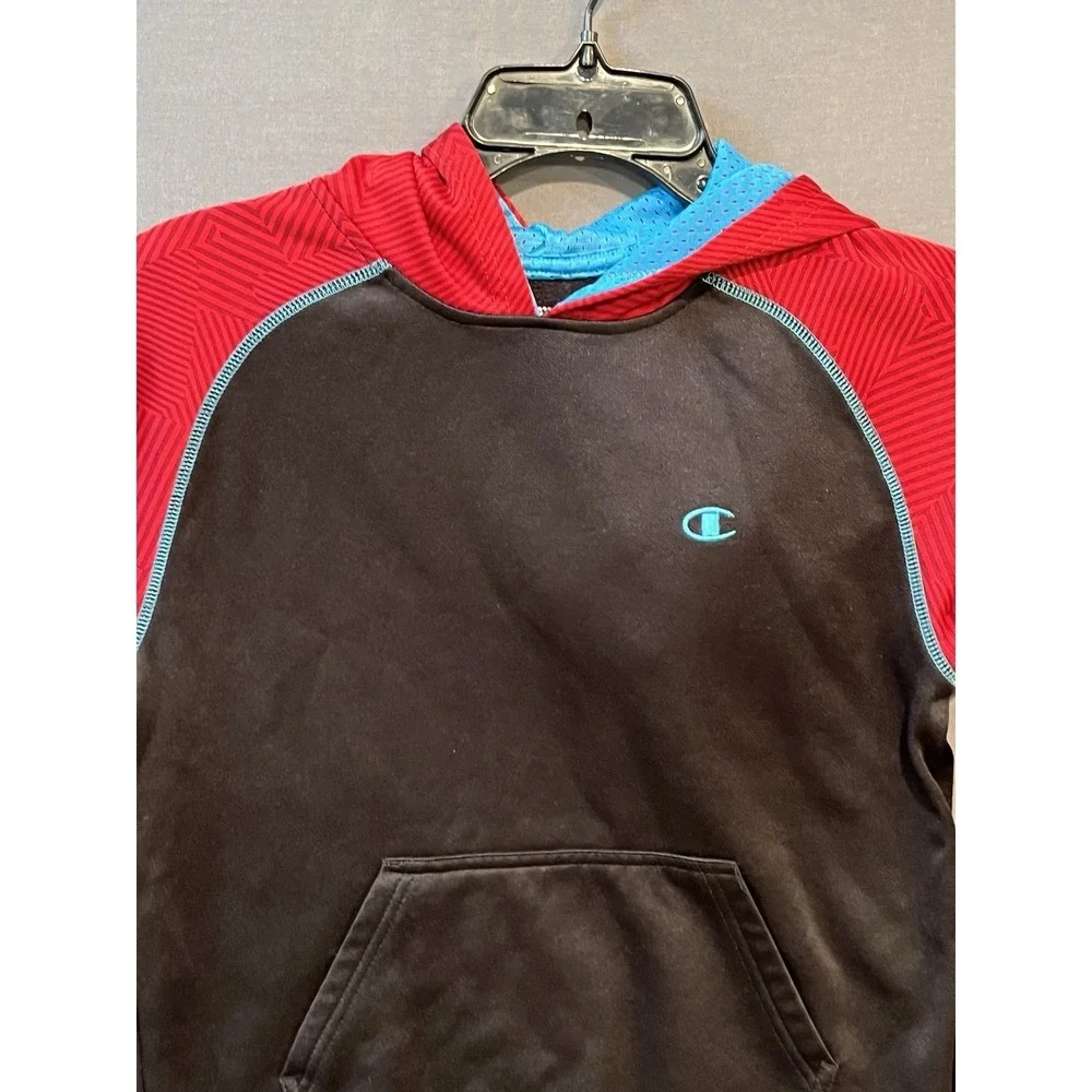 Champion Hooded Sweatshirt Boys Large Black Red Colorblock Pullover‎ Hoodie